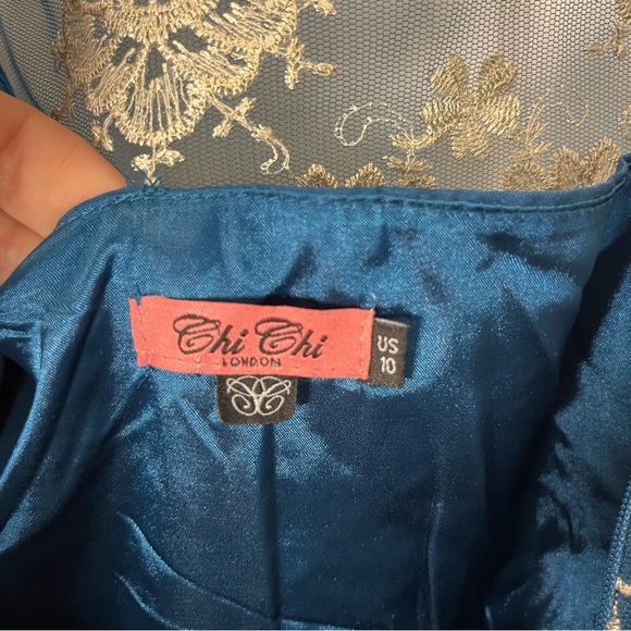 Chi Chi London Reign or Shine Teal Metallic Lace Sleeveless Midi Prom Dress 10 - Picture 6 of 13
